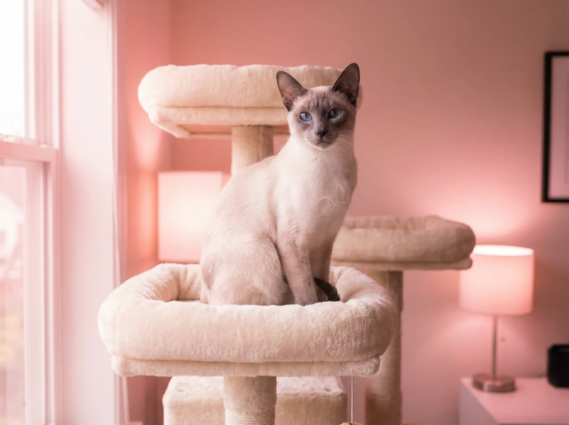 暹罗猫蓝莓在猫爬架上 - 老师的小兔子好软水好多真人视频